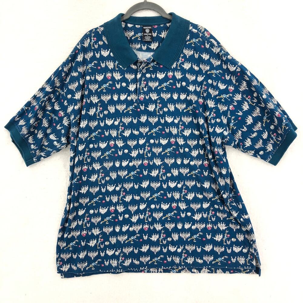 90s Warner Bros Mens Polo Shirt XL Blue Bugs Bunny Bowling 3 Button Short Sleeve